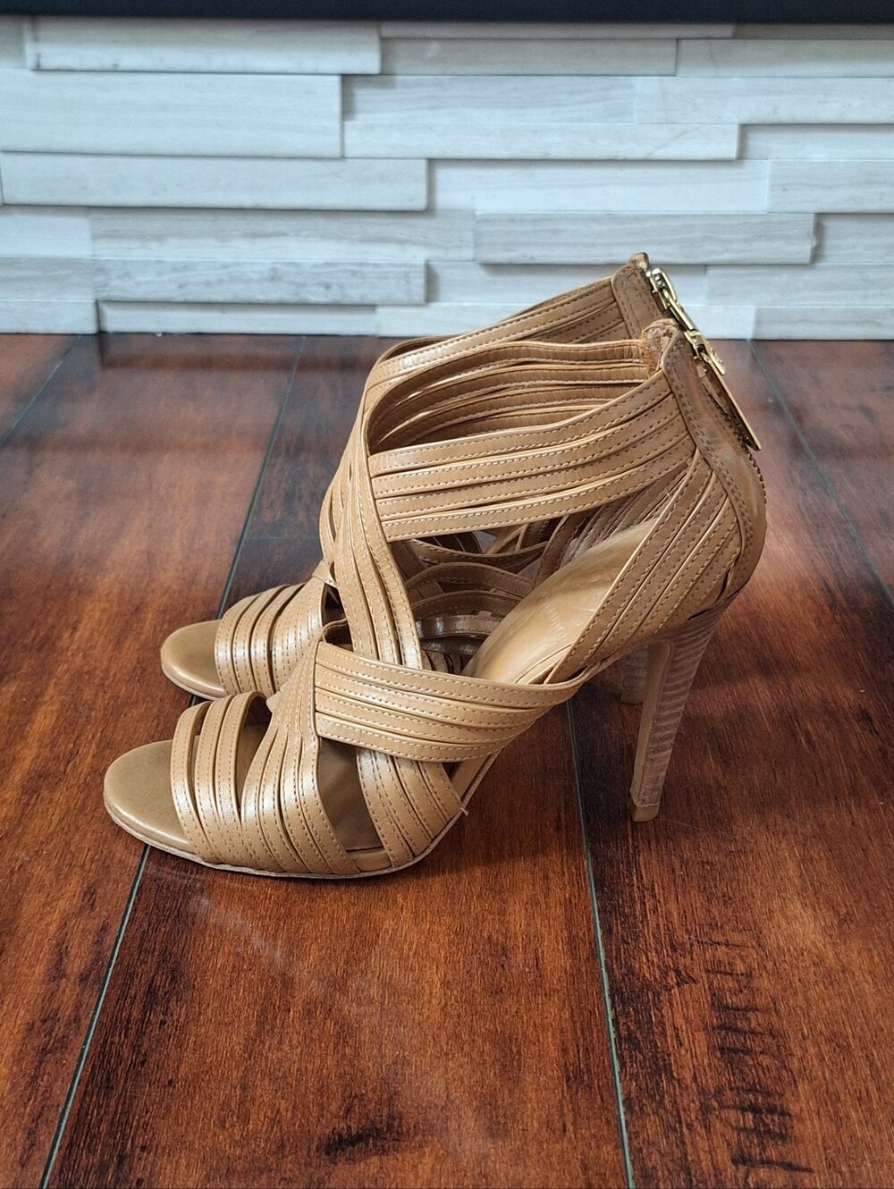 Tory Burch Liv Tan Leather Cage Strappy Open Toe Heeled Sandals Women's Size 6 M